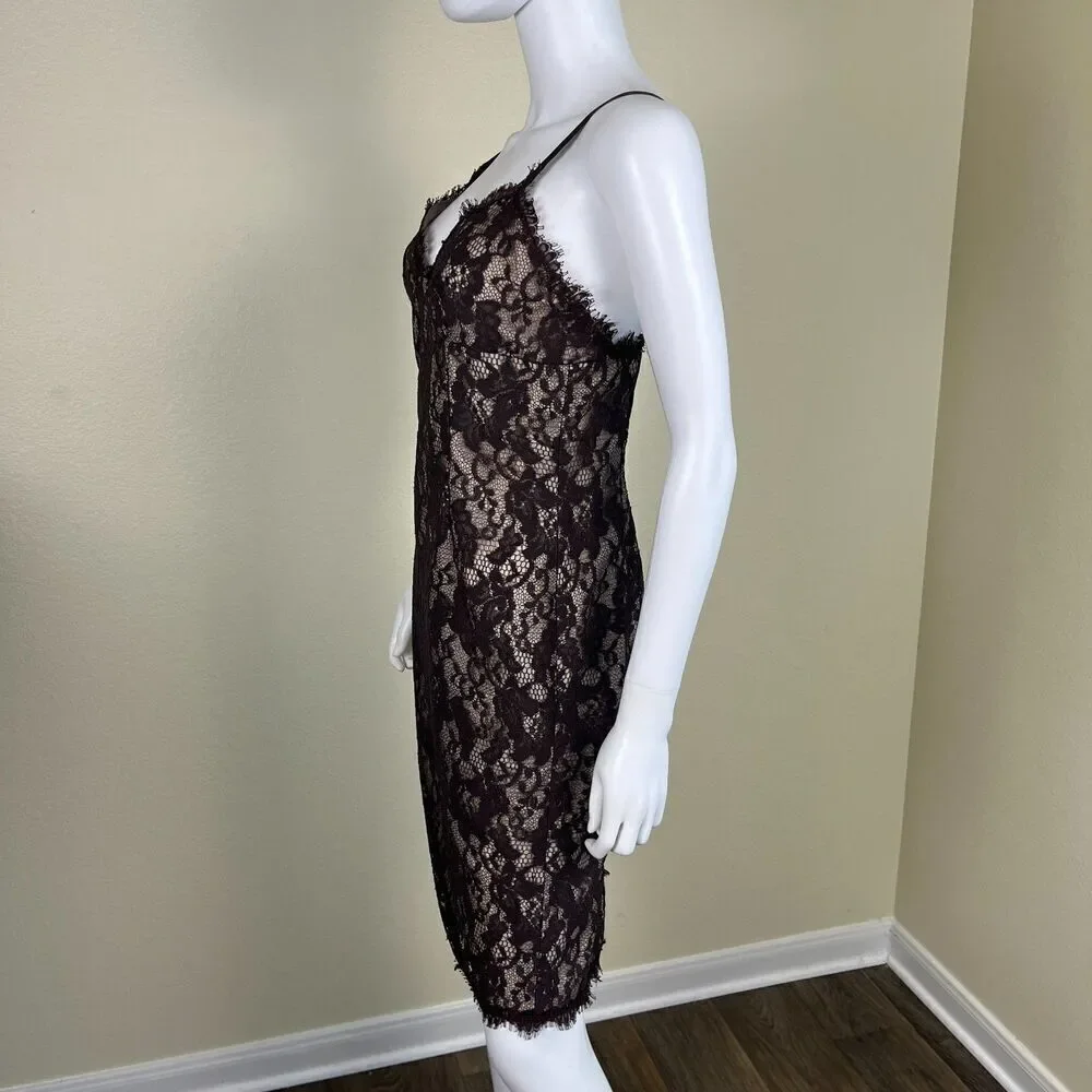 Rebecca Taylor Women Size 4 Brown Floral Lace Bodycon Midi Dress Sleevless Party